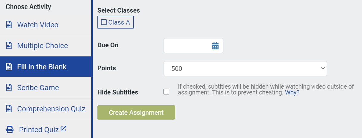 Yabla classroom assignment interface